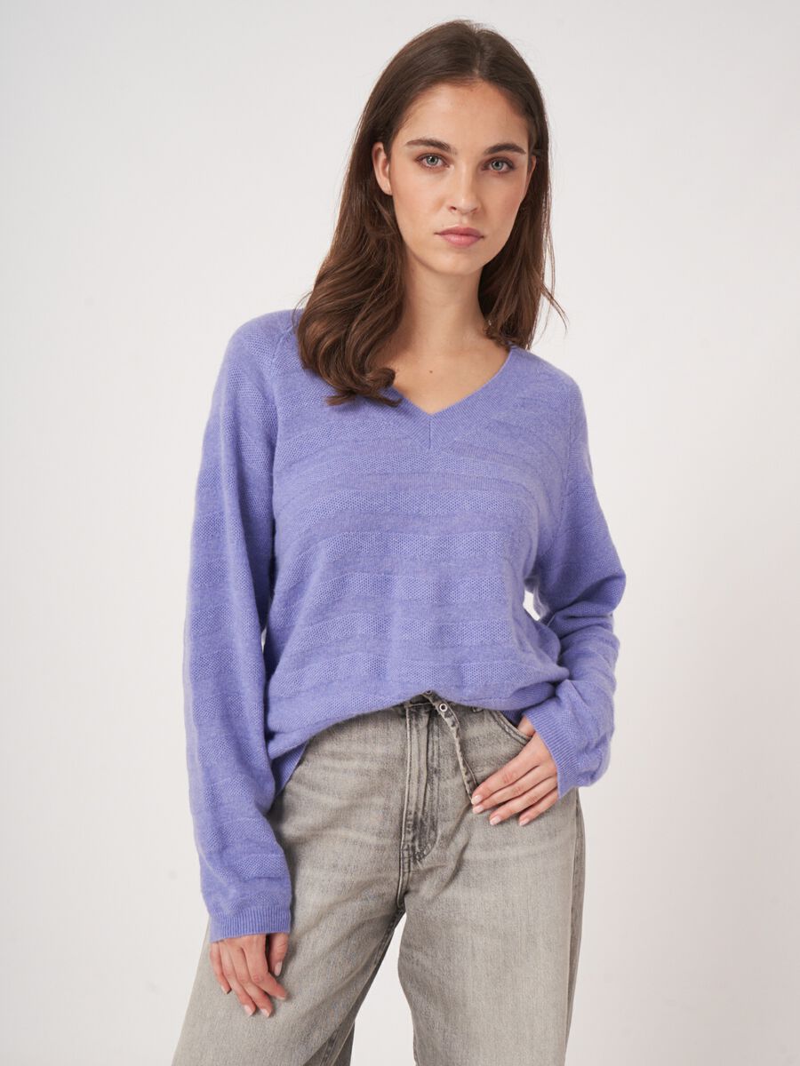 V-neck cashmere sweater with textured wavy stripes image number 0