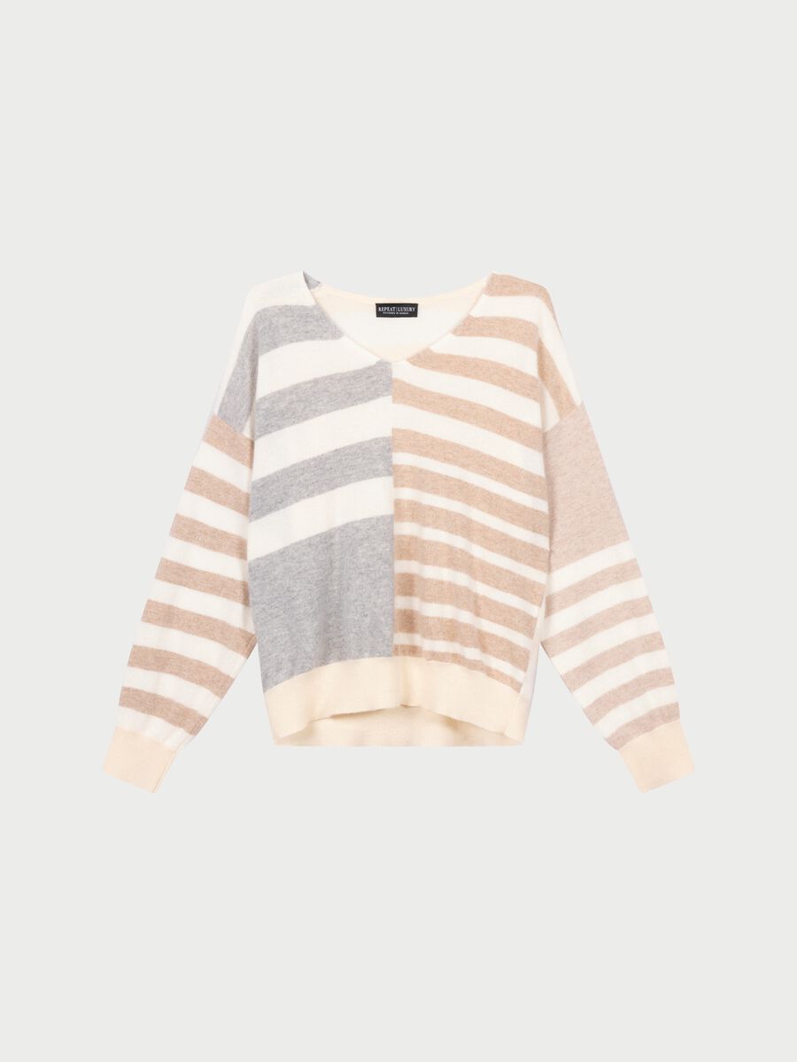 Mehrfarbig gestreifter Pullover mit V-Ausschnitt image number 0