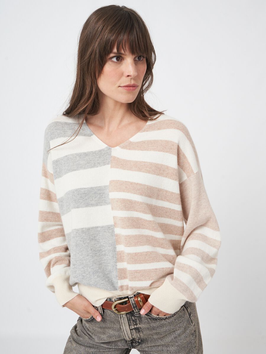 Multikleurig gestreepte trui met V-hals image number 4