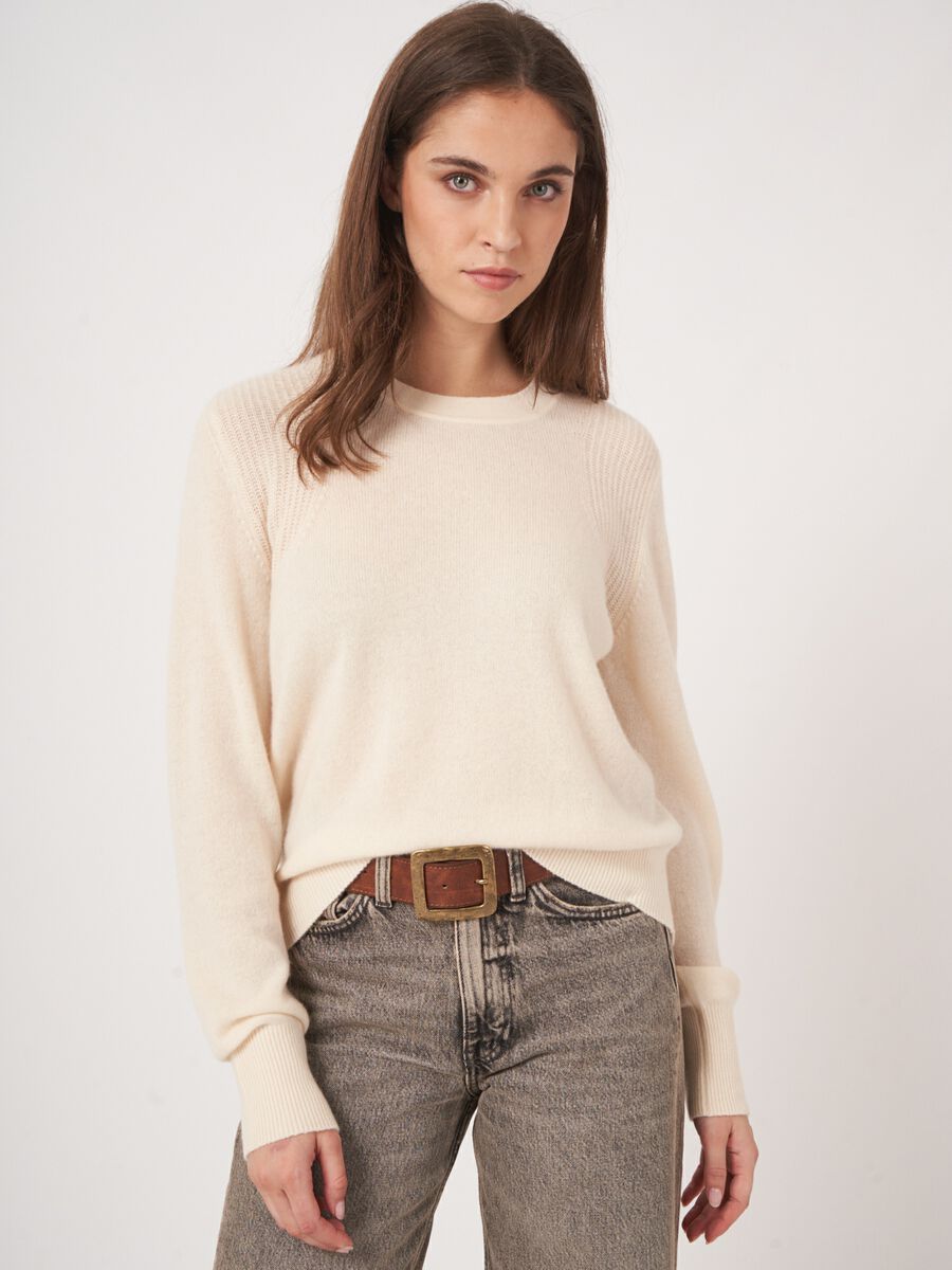 Round neck cashmere sweater with shoulder detail with texture image number 1