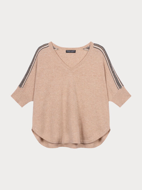 Cashmere poncho sweater with V-neck and intarsia shoulder detail