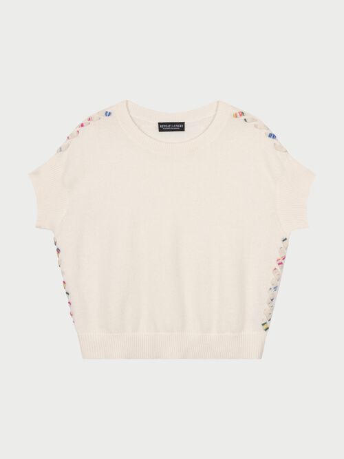 Pull en cachemire &agrave; manches courtes avec d&eacute;tail tress&eacute; imprim&eacute;