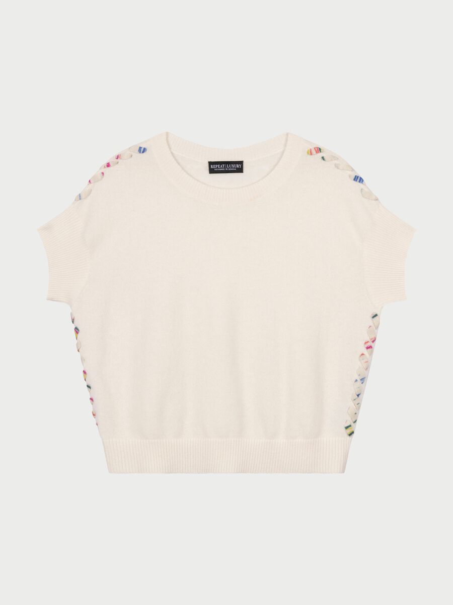 Pull en cachemire à manches courtes avec détail tressé imprimé image number 2