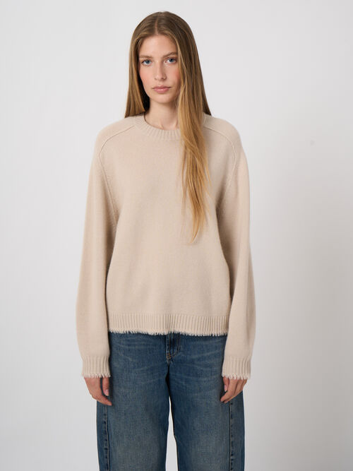 Oversized Organic Cashmere Sweater with Fringed Trims