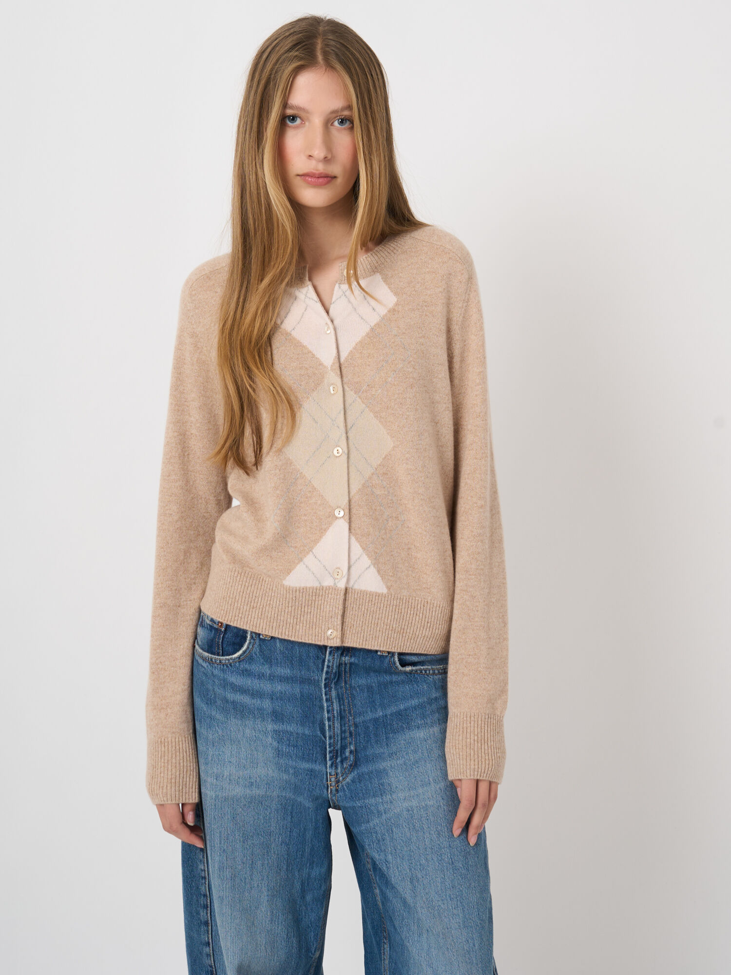Luxe cardigan van biologisch cashmere met argyle-ruit afbeelding 1