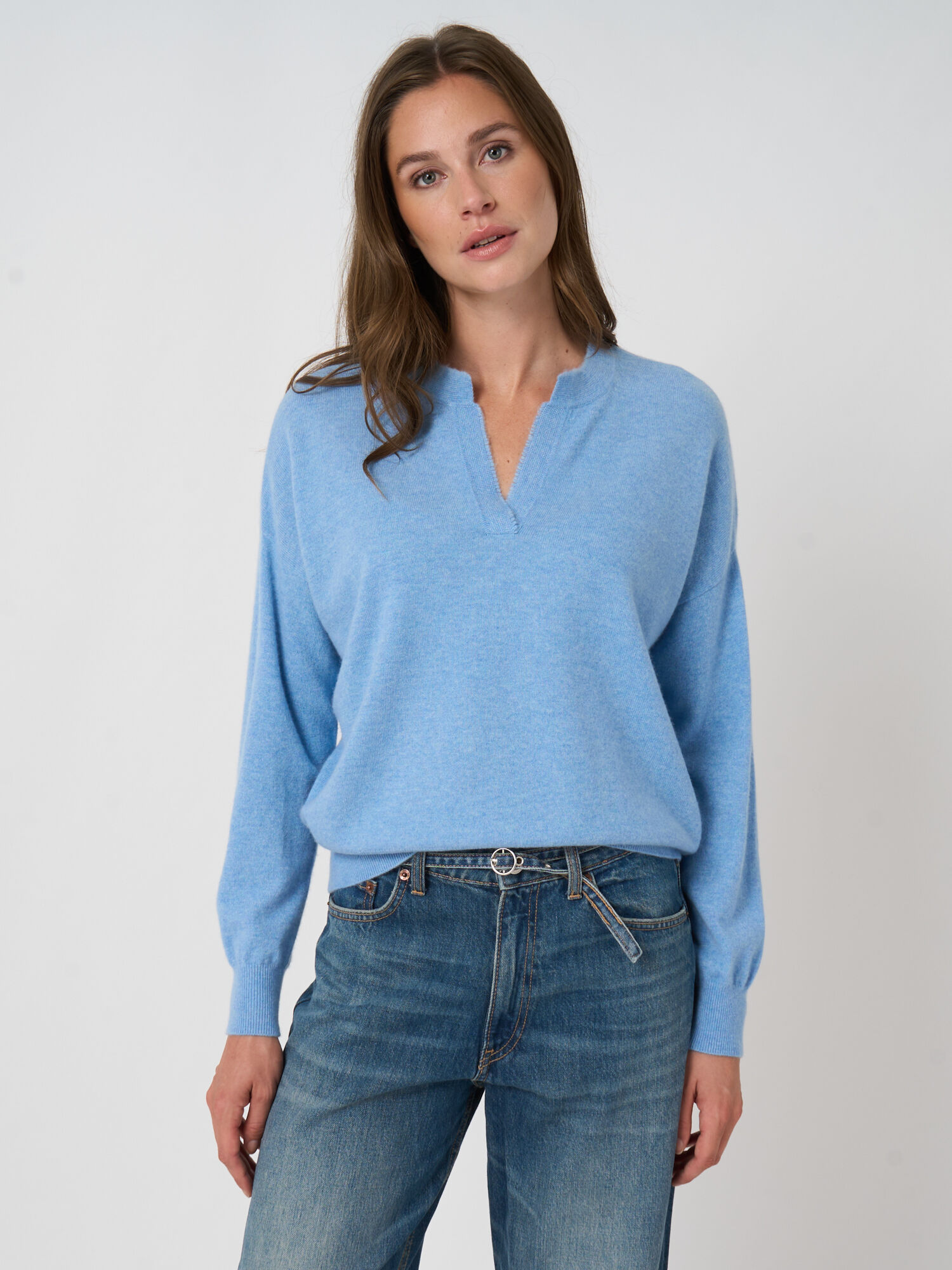 Cashmere sweater with slit neckline