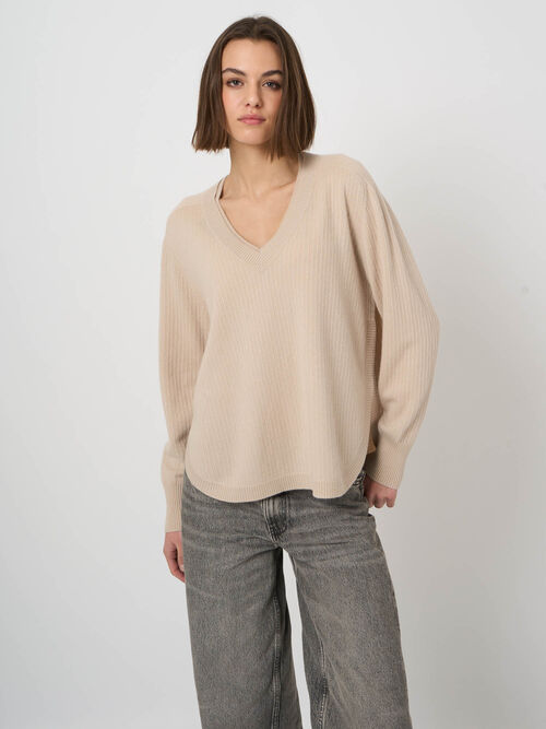 Organic Cashmere V-Neck Sweater with Refined Neckline