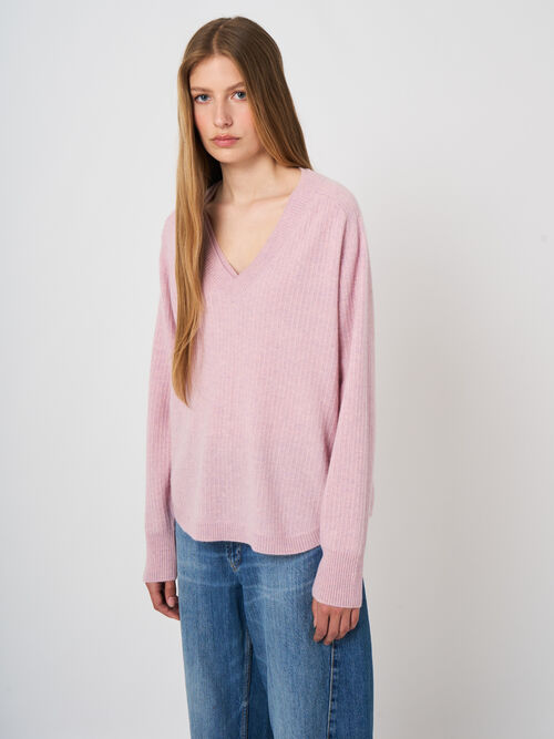 Kaschmirpullover mit V-Ausschnitt und feiner Blende