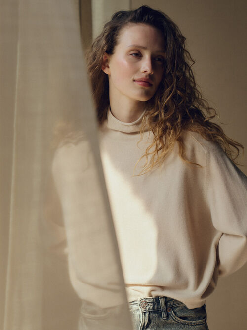Organic Cashmere Stand-Collar Sweater with Seam Details