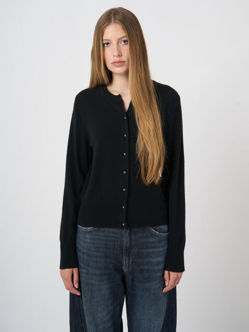 Fine-Knit Organic Cashmere Cardigan with Metallic Buttons