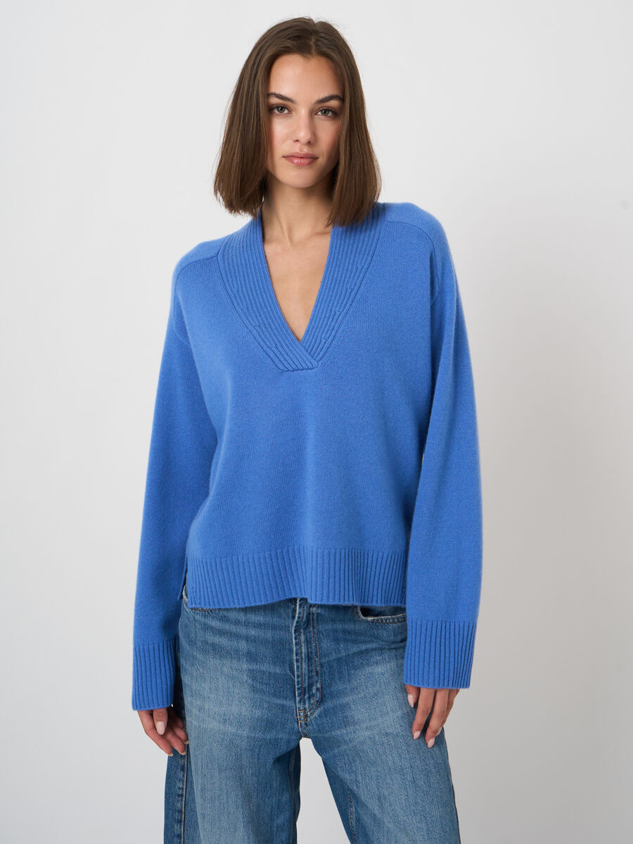 Kaschmirpullover mit V-Ausschnitt und Rippblende image number 0