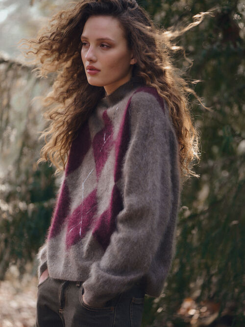 Geb&uuml;rsteter Kaschmirpullover mit Argyle-Intarsia