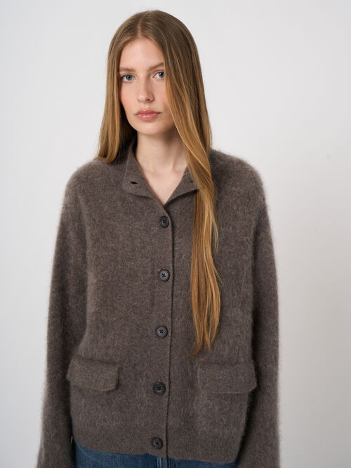 Brushed Pure Cashmere Stand-Collar Cardigan