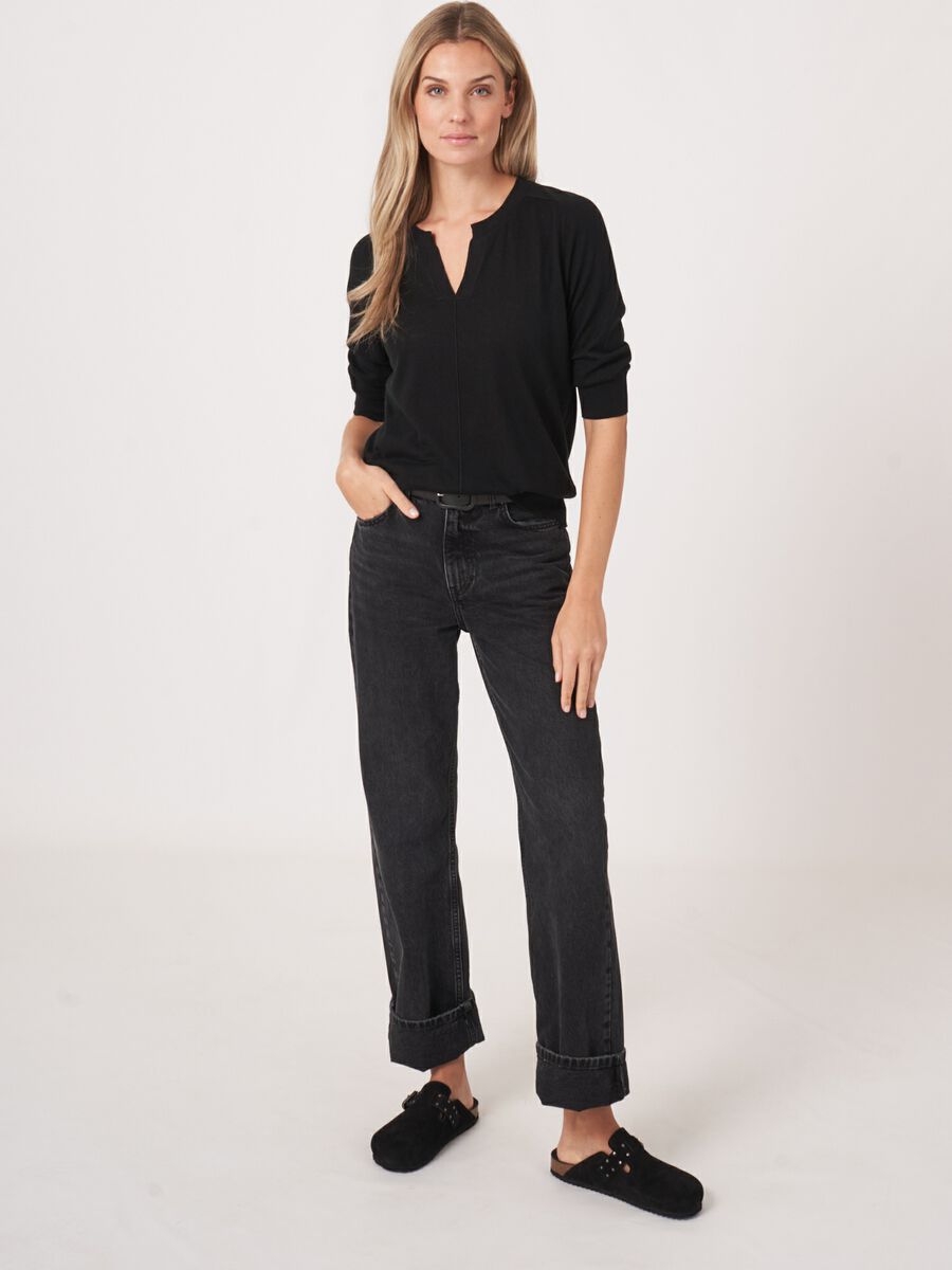 Pull à demi-manches et col fendu en mélange de soie et cachemire image number 5