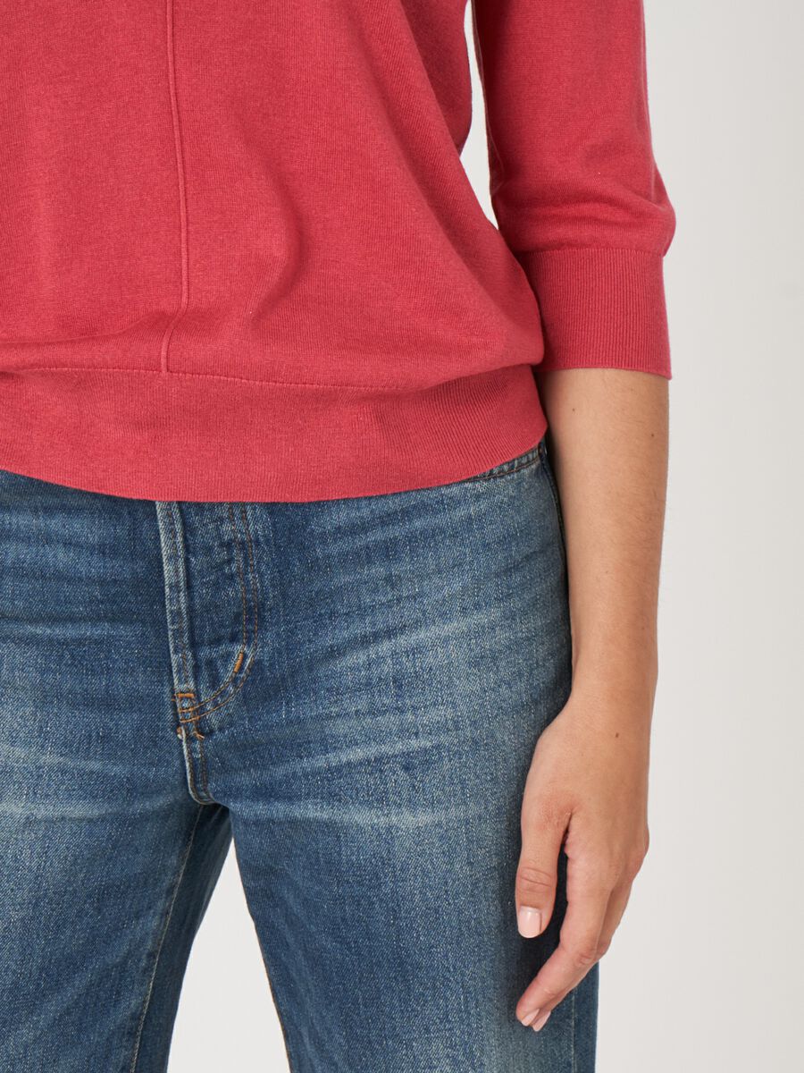 Half sleeve cashmere silk knit sweater with slit neckline image number 2