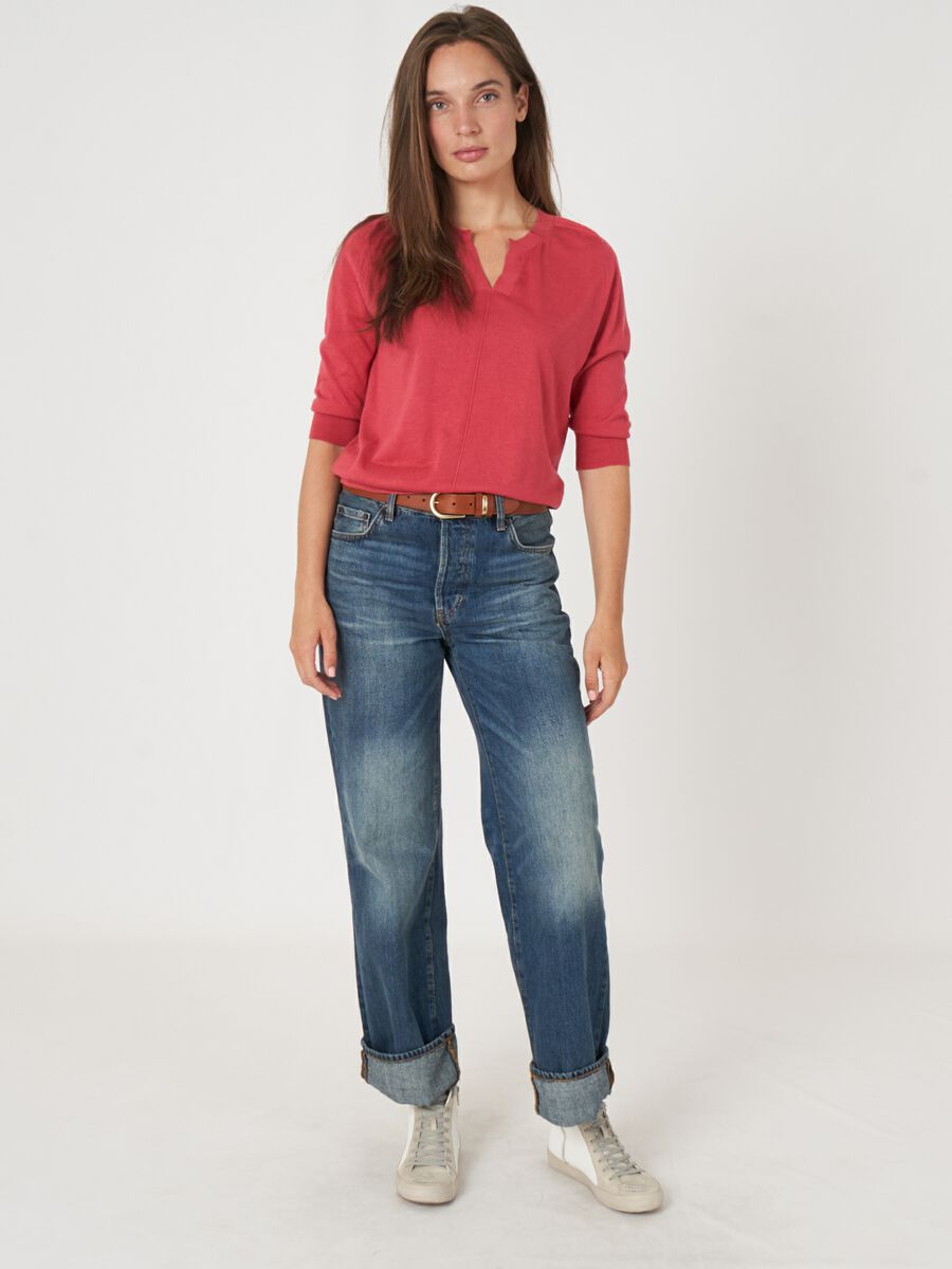 Half sleeve cashmere silk knit sweater with slit neckline image number 4