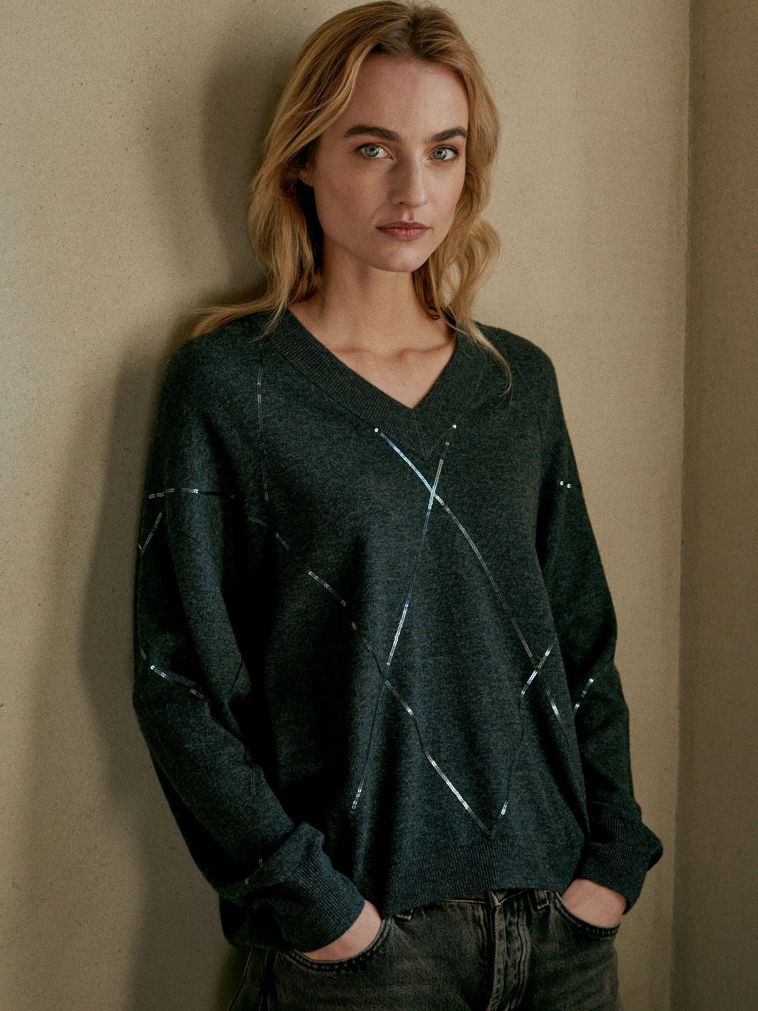 Lichtgewicht kasjmier sweater met pailletten afbeelding