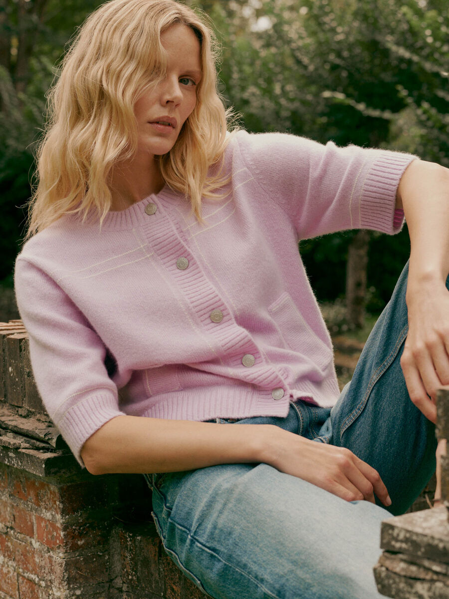 Fluffy Cashmere Blend Cardigan with Contrast Stitching image number 0