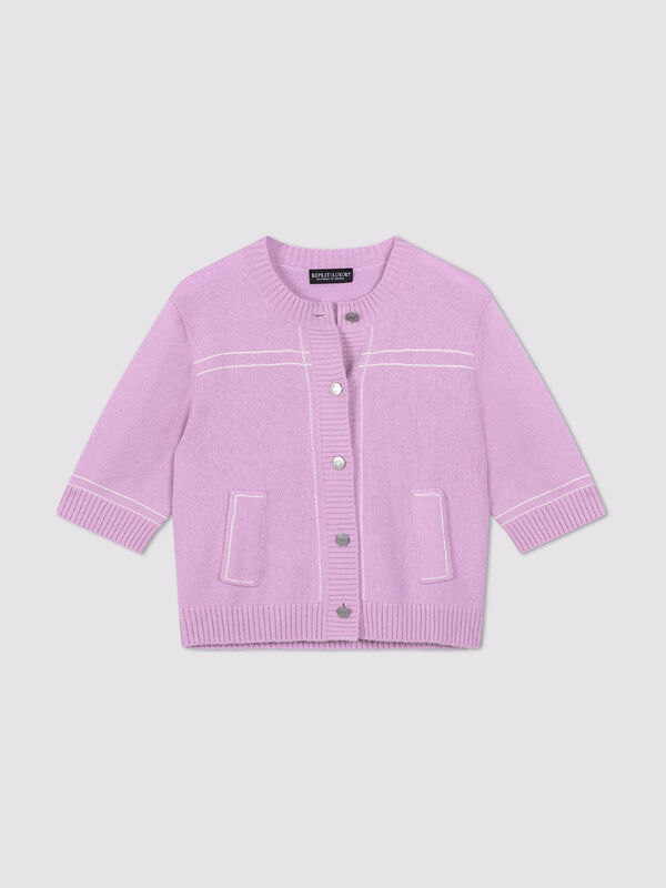 Fluffy Cashmere Blend Cardigan with Contrast Stitching image number 2