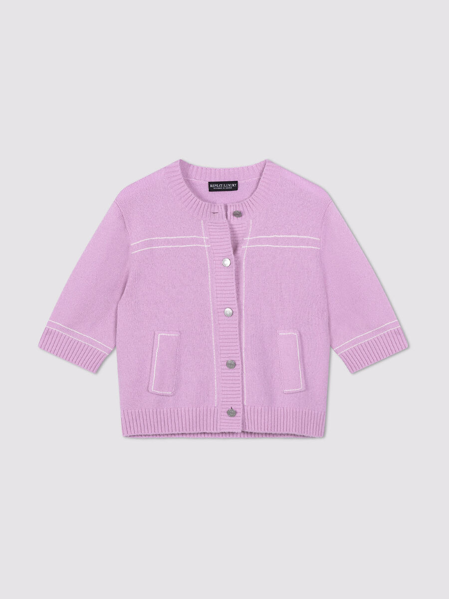 Fluffy Cashmere Blend Cardigan with Contrast Stitching image number 2