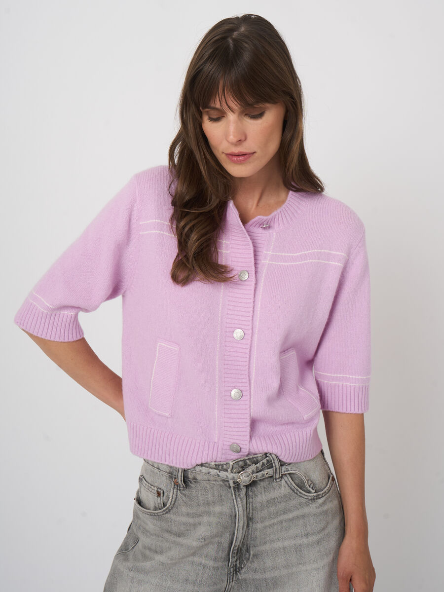 Fluffy Cashmere Blend Cardigan with Contrast Stitching image number 3