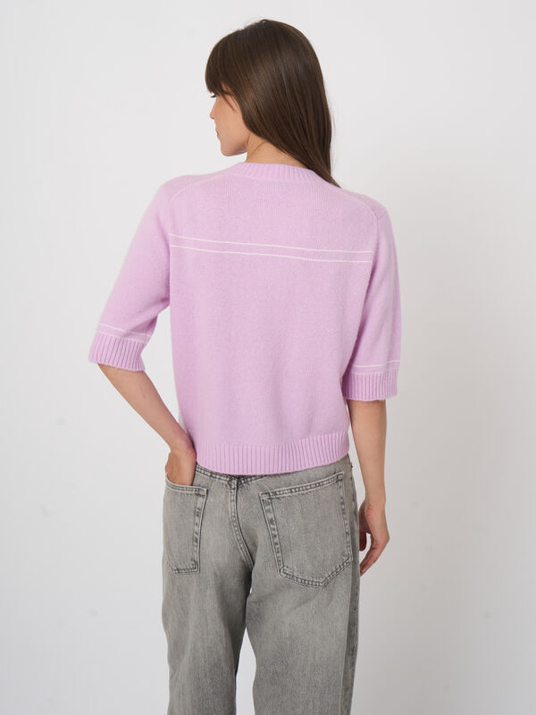 Fluffy Cashmere Blend Cardigan with Contrast Stitching image number 5