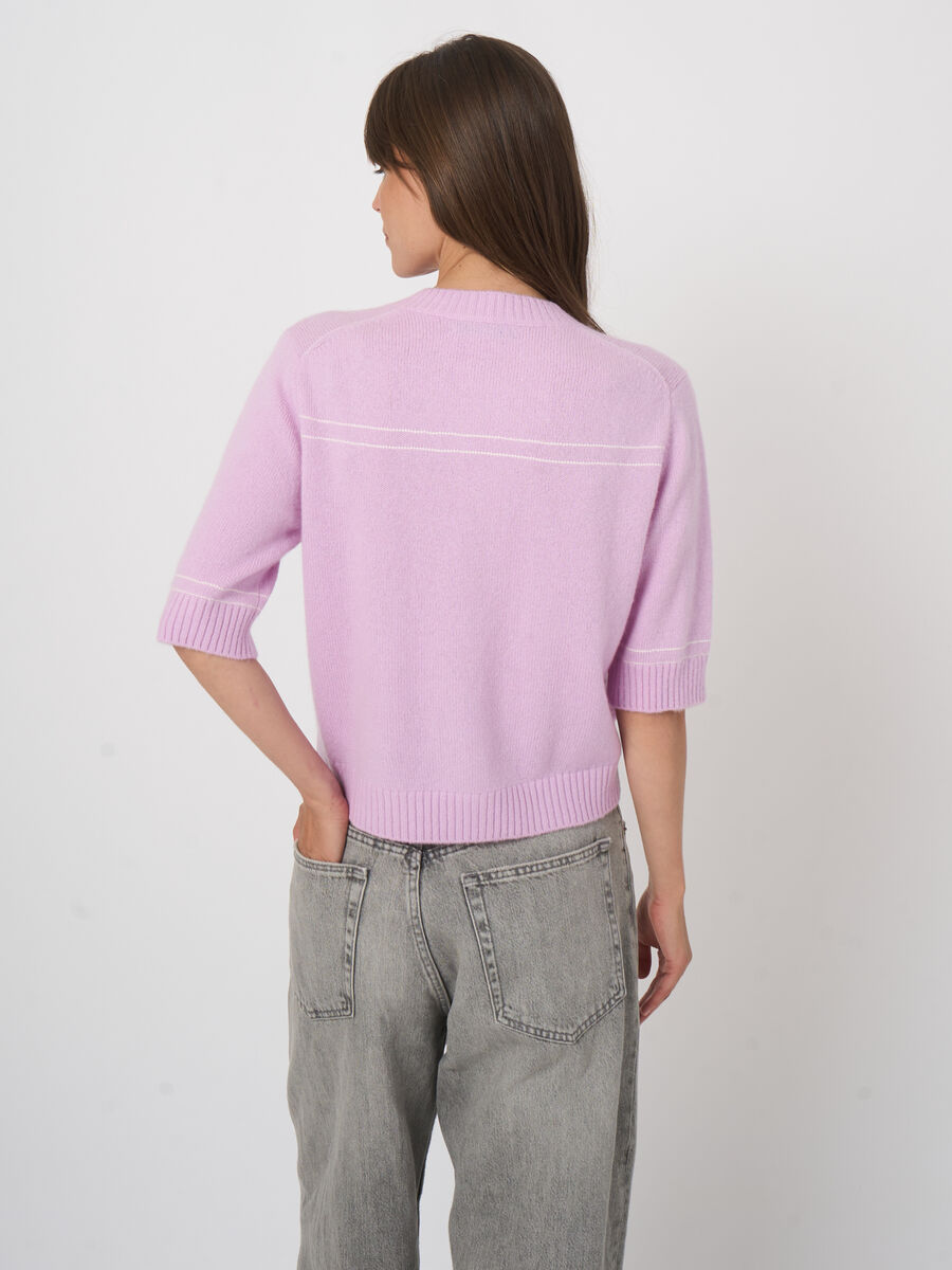 Fluffy Cashmere Blend Cardigan with Contrast Stitching image number 5
