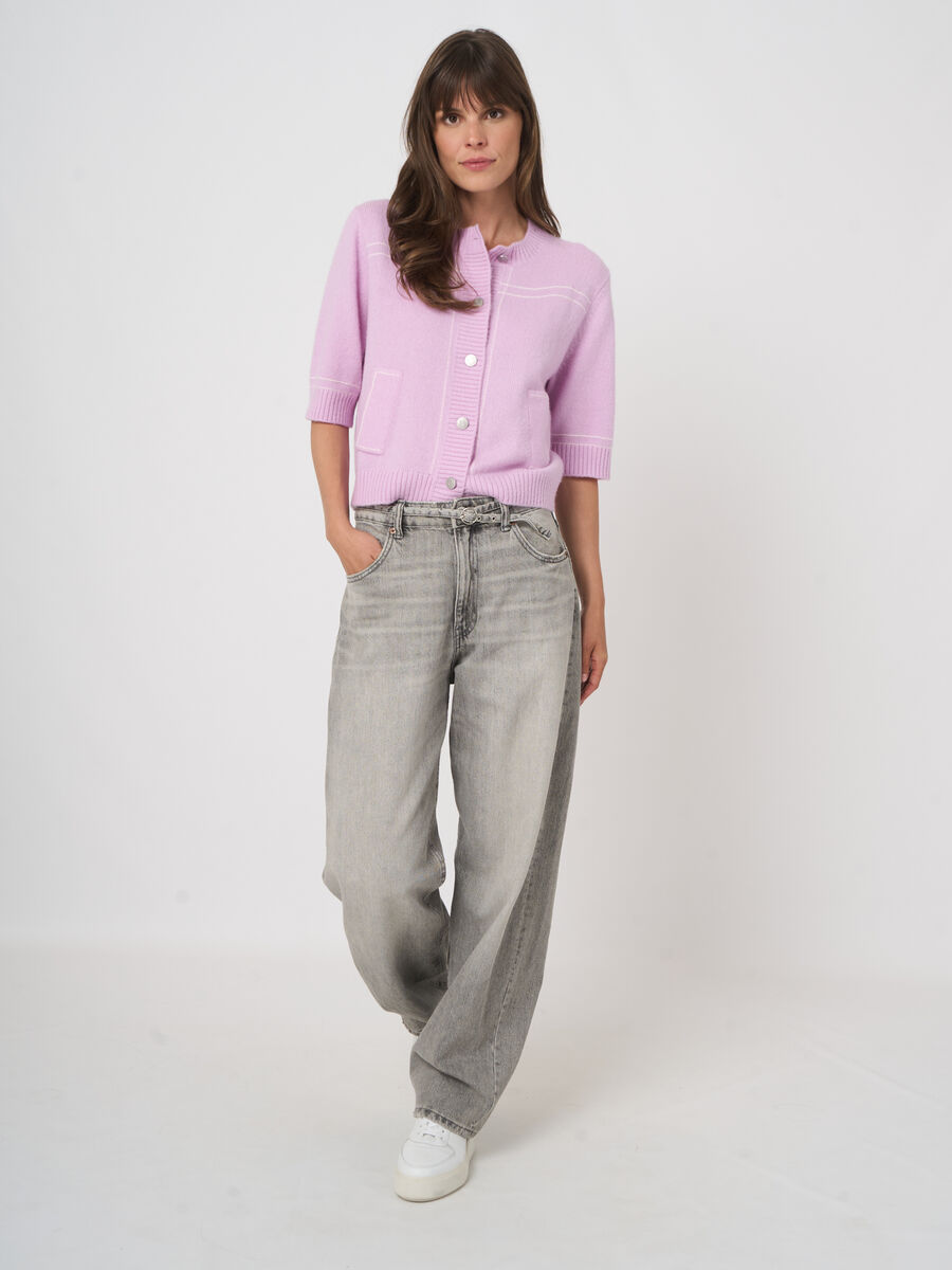 Fluffy Cashmere Blend Cardigan with Contrast Stitching image number 7