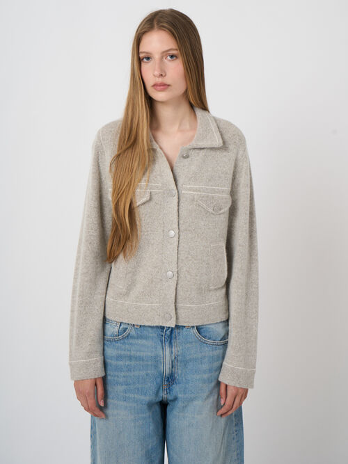 Cardigan polo en cachemire et laine &agrave; texture boucl&eacute;e