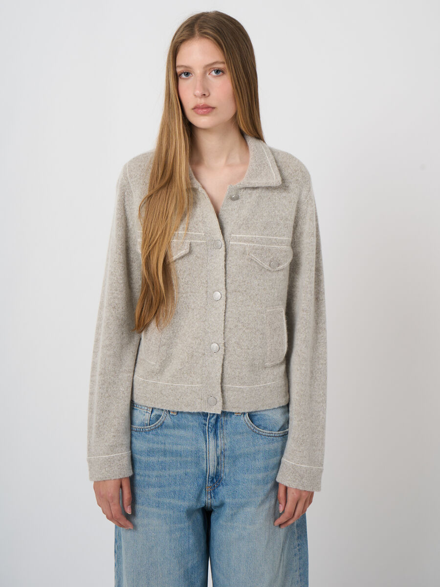 Kaschmir-Wollcardigan mit Boucl&eacute;-Struktur und Polokragen image number 0