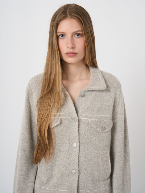 Cardigan polo en cachemire et laine &agrave; texture boucl&eacute;e