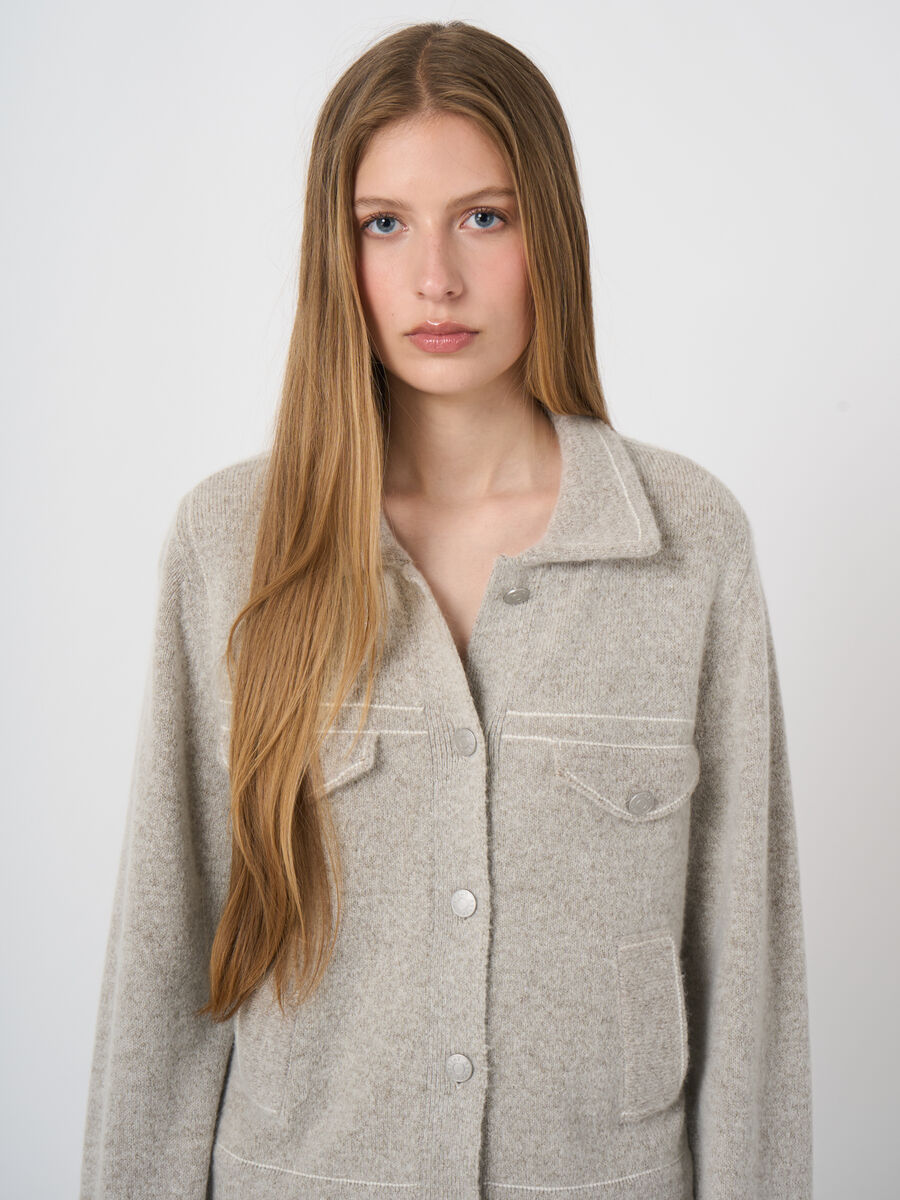 Kaschmir-Wollcardigan mit Boucl&eacute;-Struktur und Polokragen image number 1