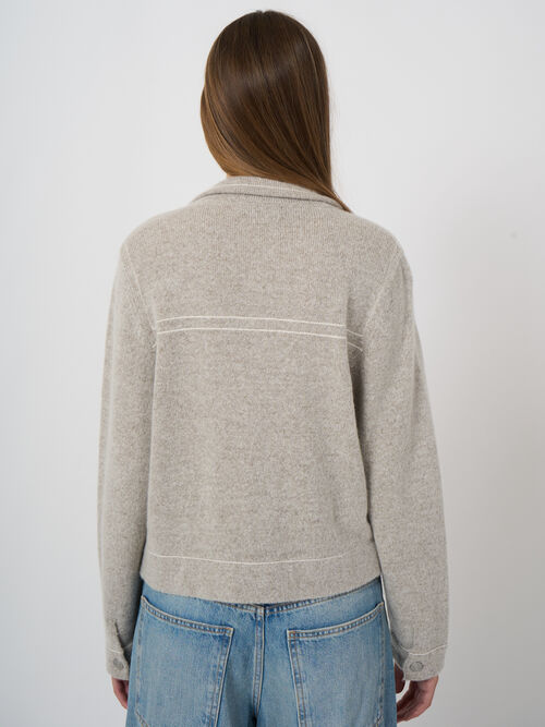 Cashmere-Wool Boucl&eacute; Polo Cardigan with Contrast Stitching