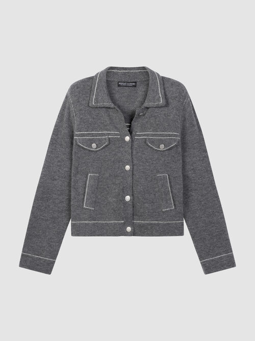Cardigan polo en cachemire et laine &agrave; texture boucl&eacute;e