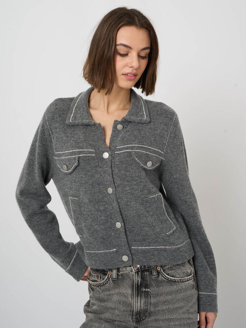 Cardigan polo en cachemire et laine &agrave; texture boucl&eacute;e