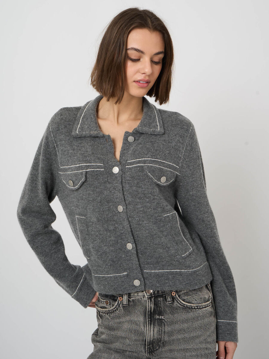 Cardigan polo en cachemire et laine &agrave; texture boucl&eacute;e image number 1