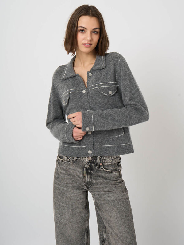 Kaschmir-Wollcardigan mit Boucl&eacute;-Struktur und Polokragen image number 2
