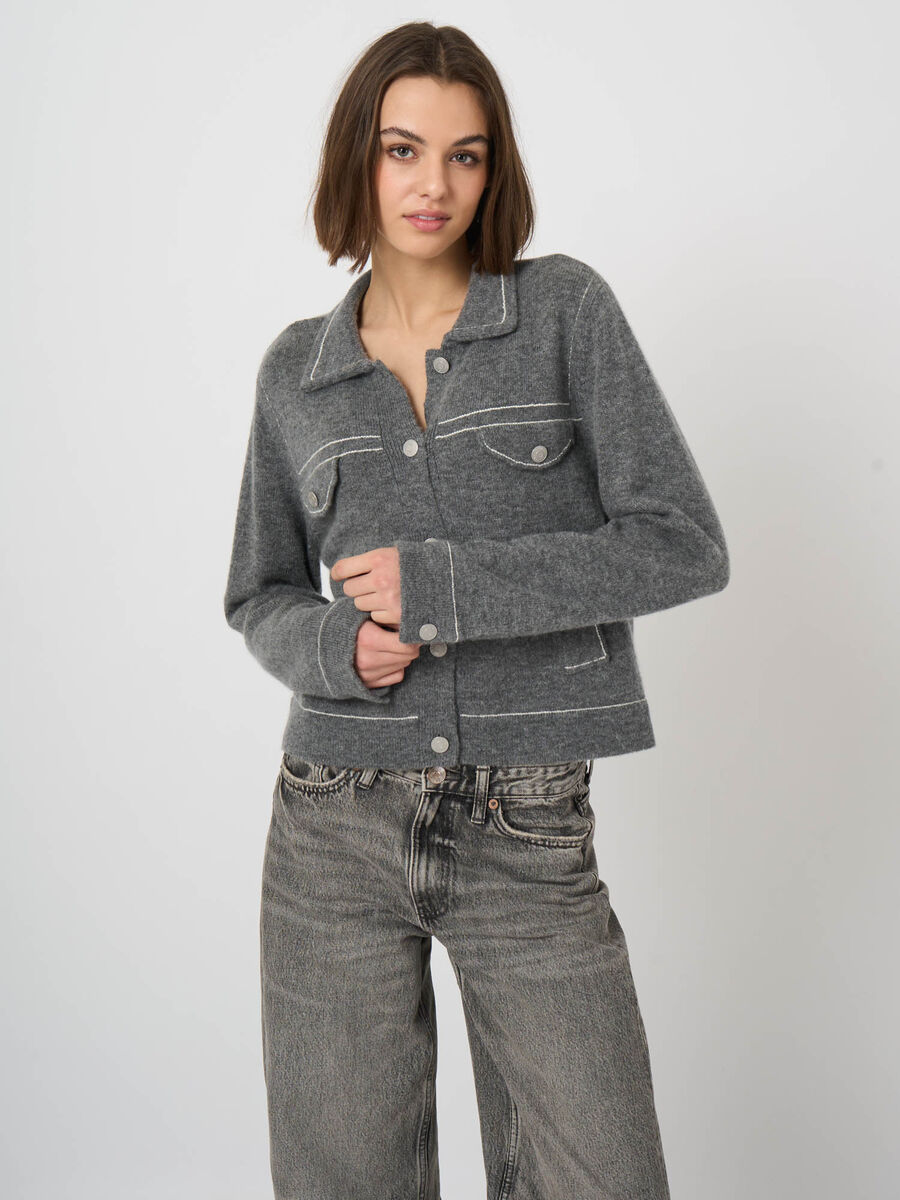 Cardigan polo en cachemire et laine &agrave; texture boucl&eacute;e image number 2