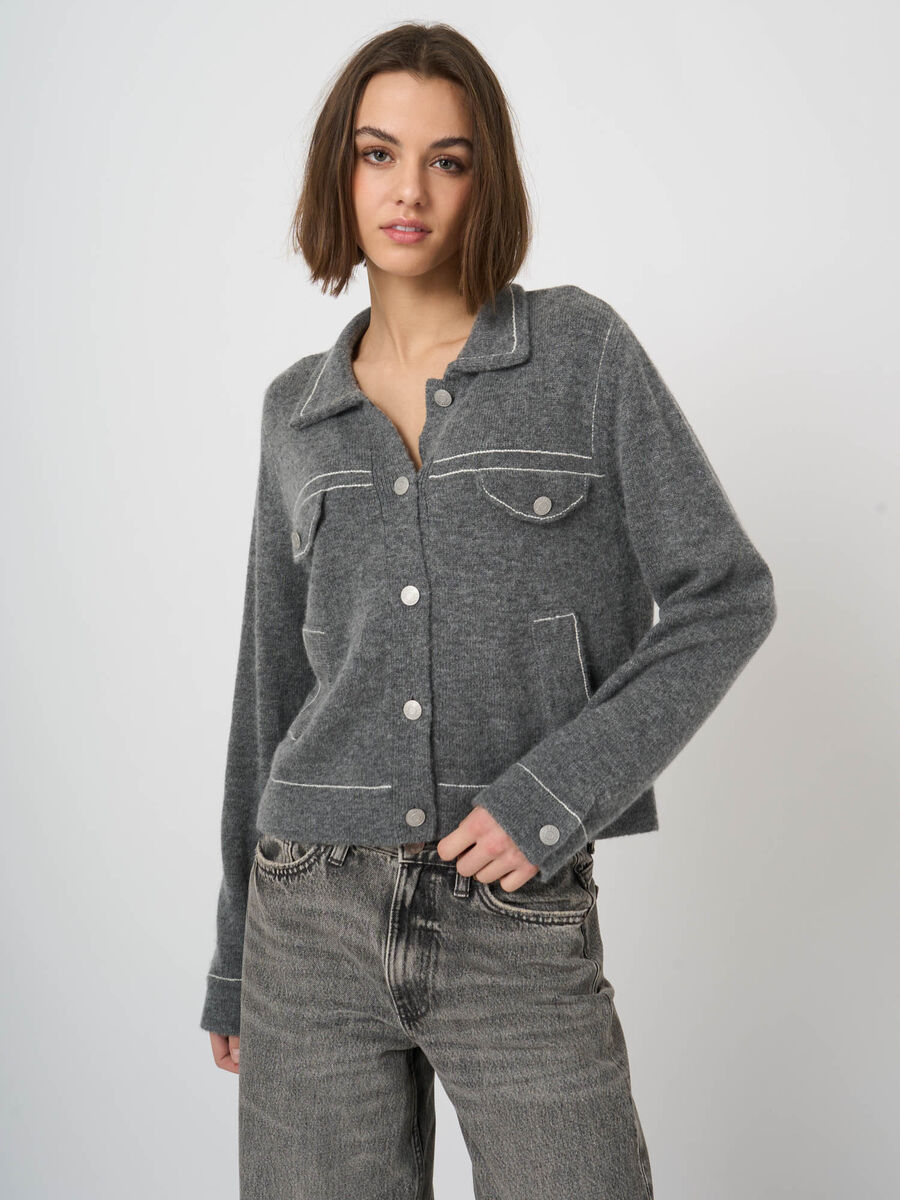Cardigan polo en cachemire et laine &agrave; texture boucl&eacute;e image number 6