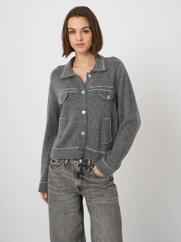 Kaschmir-Wollcardigan mit Boucl&eacute;-Struktur und Polokragen image number 8