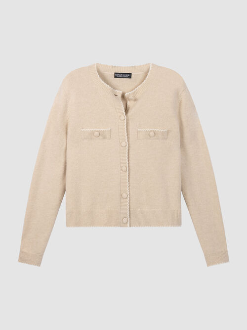 Cardigan en cachemire et laine boucl&eacute;e &agrave; bords festonn&eacute;s