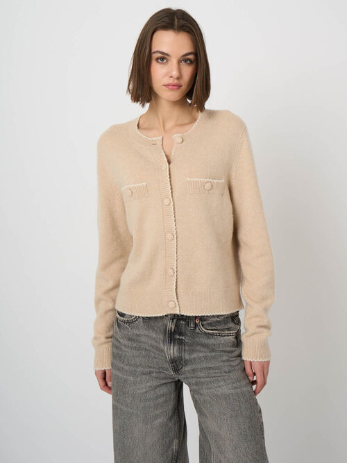Cashmere-Wool Boucl&eacute; Cardigan with Scalloped Edges
