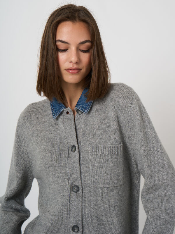 Cashmere-Wool Cardigan with Denim Collar image number 0