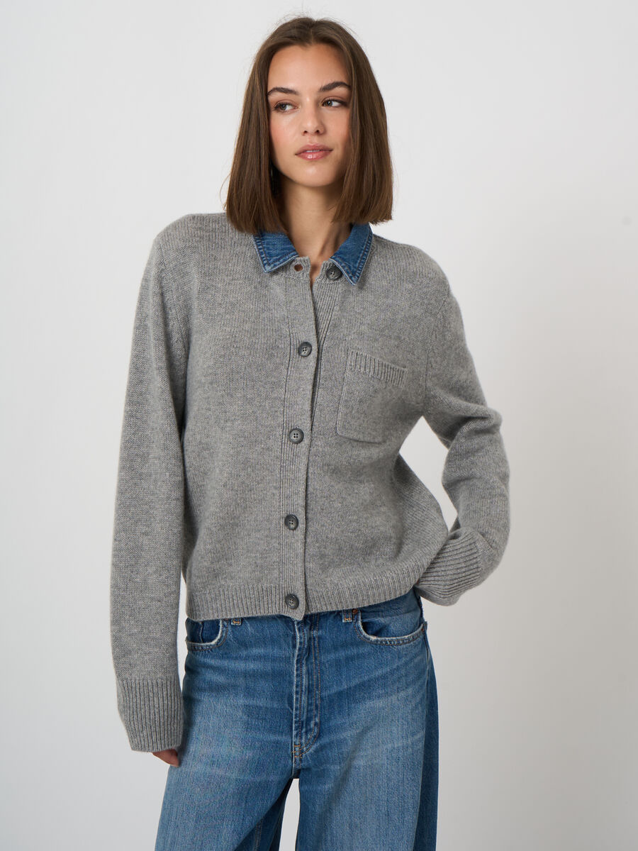 Cardigan en cachemire et laine &agrave; col denim image number 1