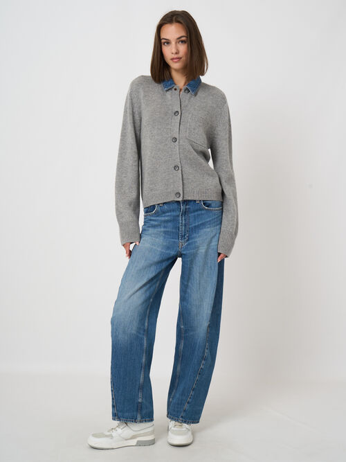 Cashmere-Wool Cardigan with Denim Collar