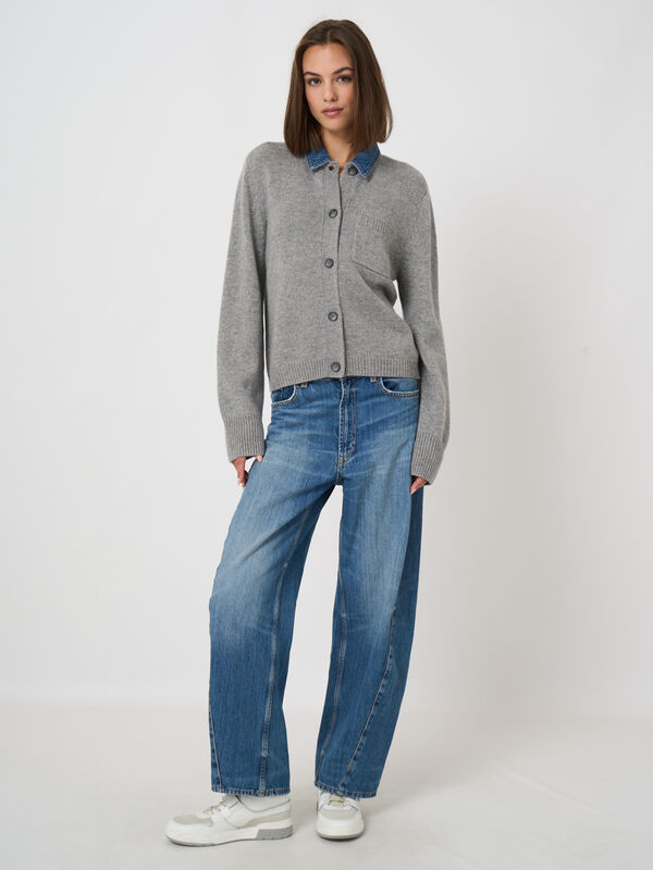 Cashmere-Wool Cardigan with Denim Collar image number 3