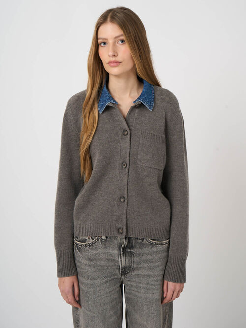 Cashmere-Wool Cardigan with Denim Collar
