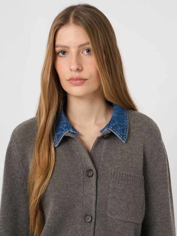 Cardigan en cachemire et laine &agrave; col denim image number 8