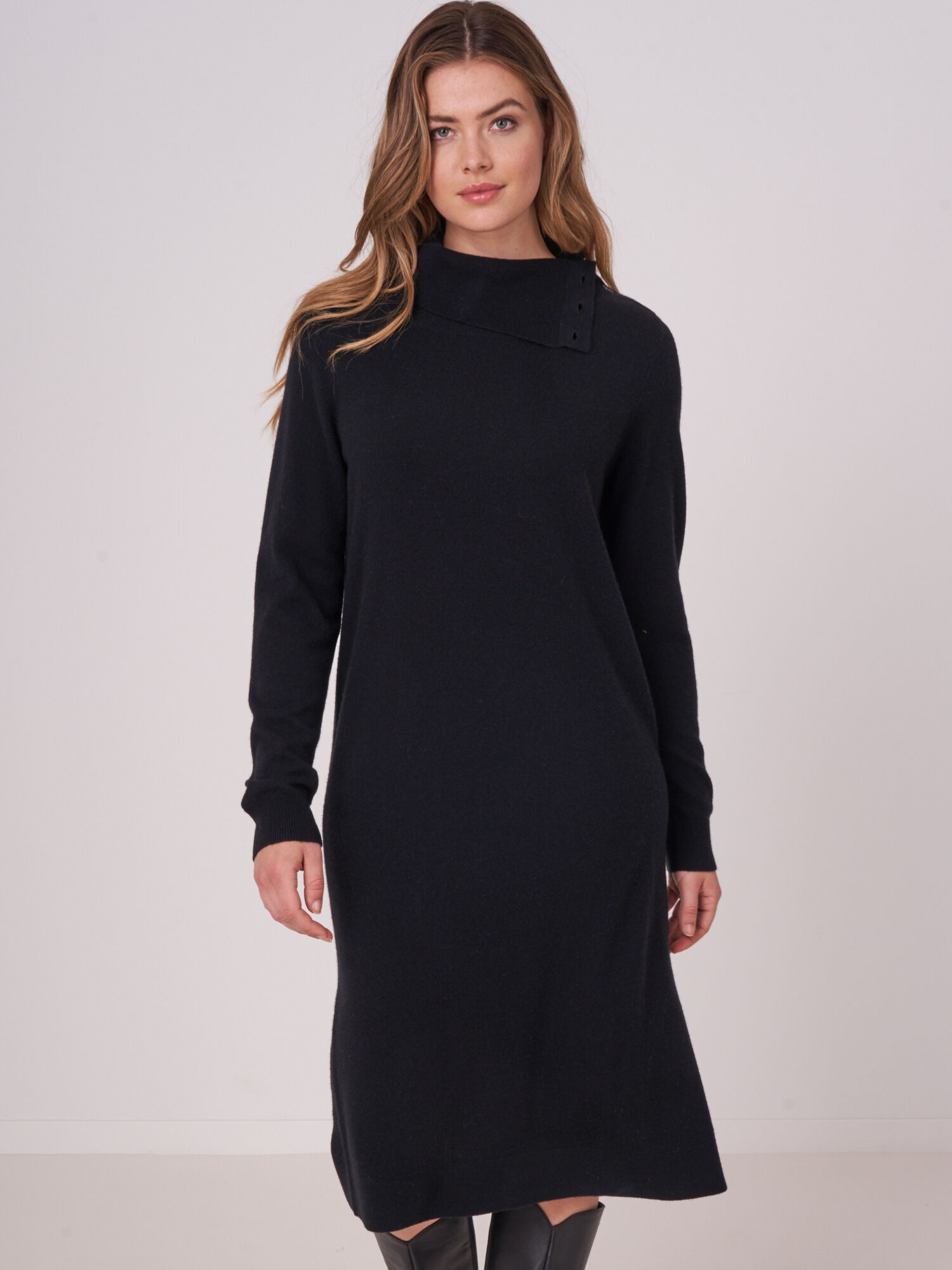 Fine knit cashmere blend dress with buttoned turtleneck