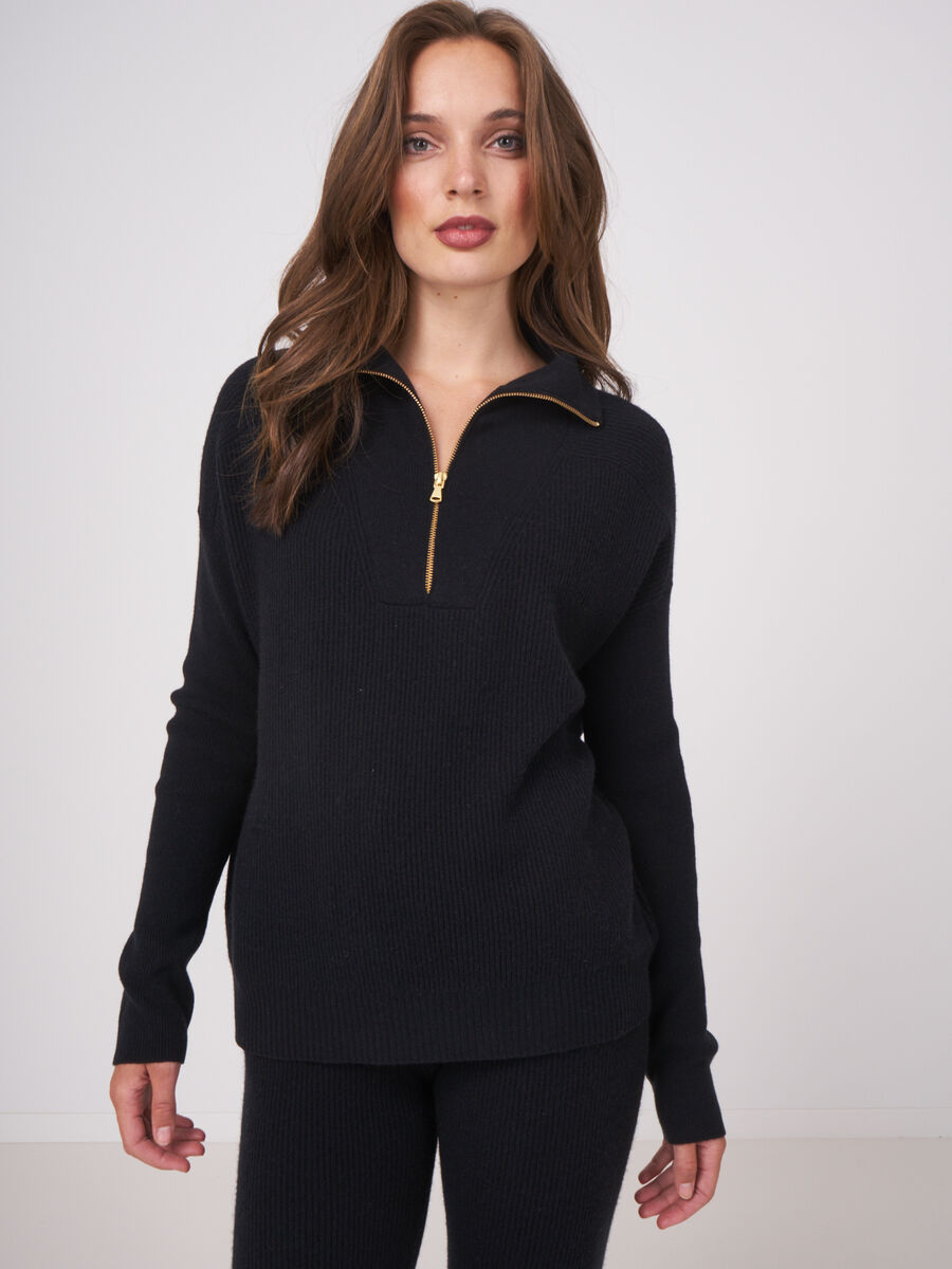 Sporty rib knit pullover with zip collar image number 0